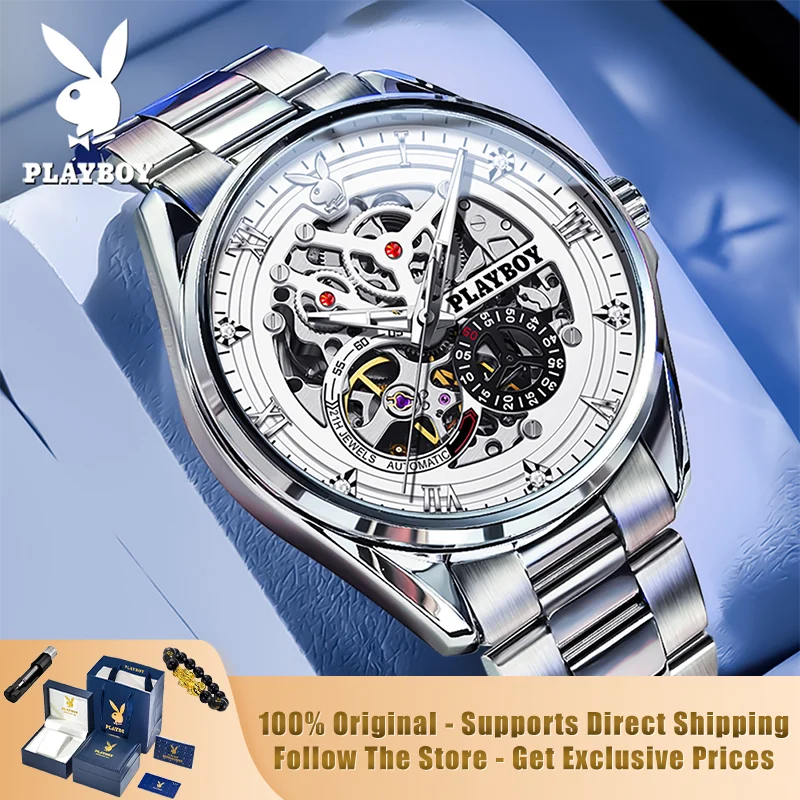

PLAYBOY 3032 Brand original authentic watches for man luxury Gift Box Mechanical men's watch with hollow dial with steel belt