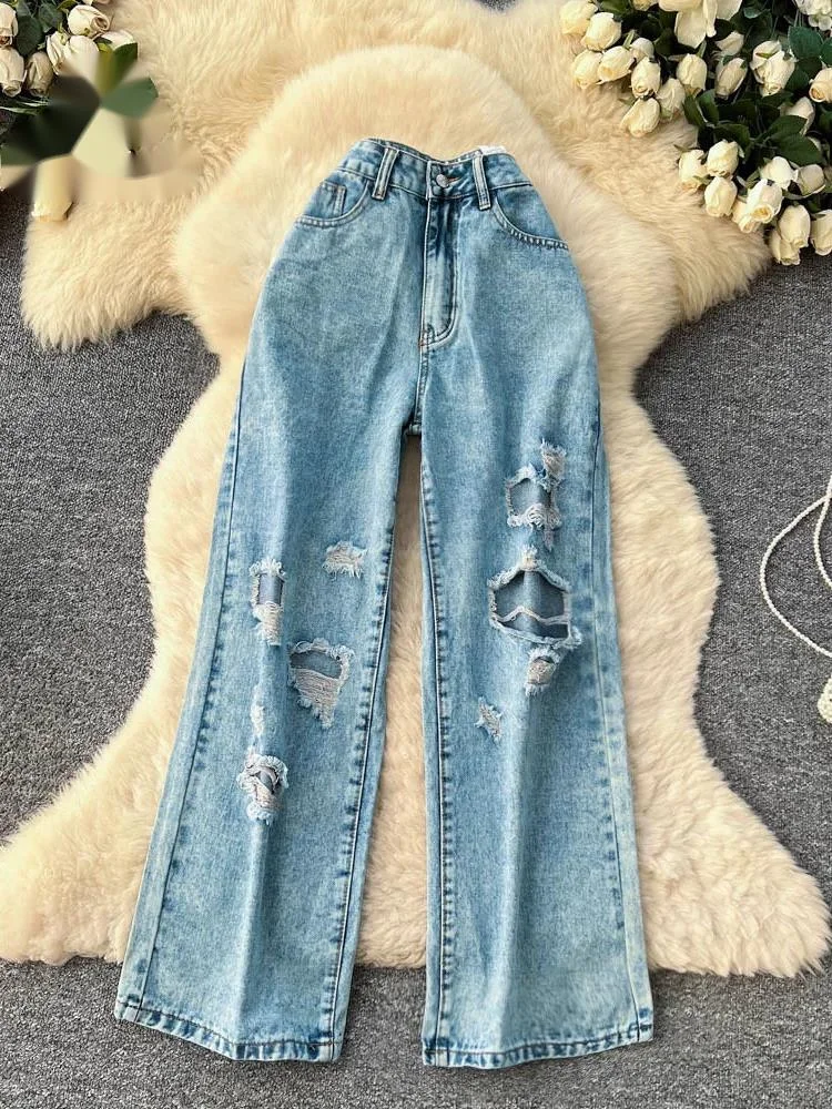 

Hole Embroidery Hotsweet Jeans Female Spring Summer High Waist Casual Trendy Street Versatile Denim Straight Leg Pants