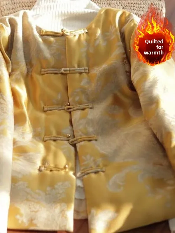 سترة قطنية مطرزة بالساتان على الطراز الصيني الجديد بأكمام طويلة وياقة مستديرة مع أزرار مزينة بالخرز، ملابس قطنية دافئة للشتاء #1