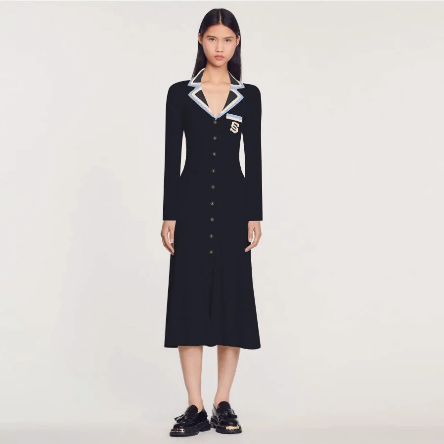 

SD Home Small Fraance Long Knitted Dr ort Sve Collar Women's Autumn Winter New Sle High Waist Bubble Sve