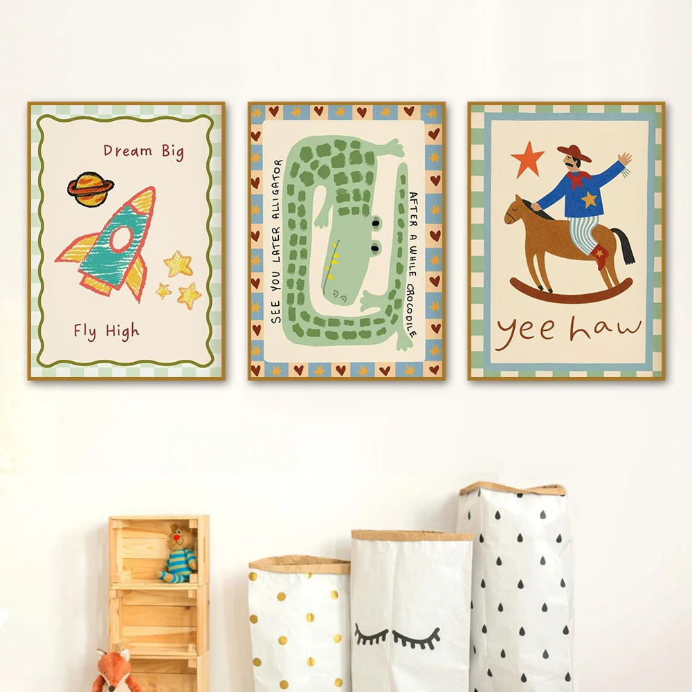 1pc frameless Canvas Painting Crocodile Goose Rocket Nursery Print, Funny Duck Wall Art for Kids Room Playful Baby Animal Poster