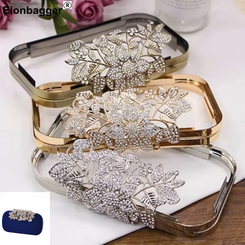 Factory Wholesale Silver Gold Metal Purse Frame Box Clutch Diy Evening Handbag Tree Crystal On Top Bag Handle Accessories Frames