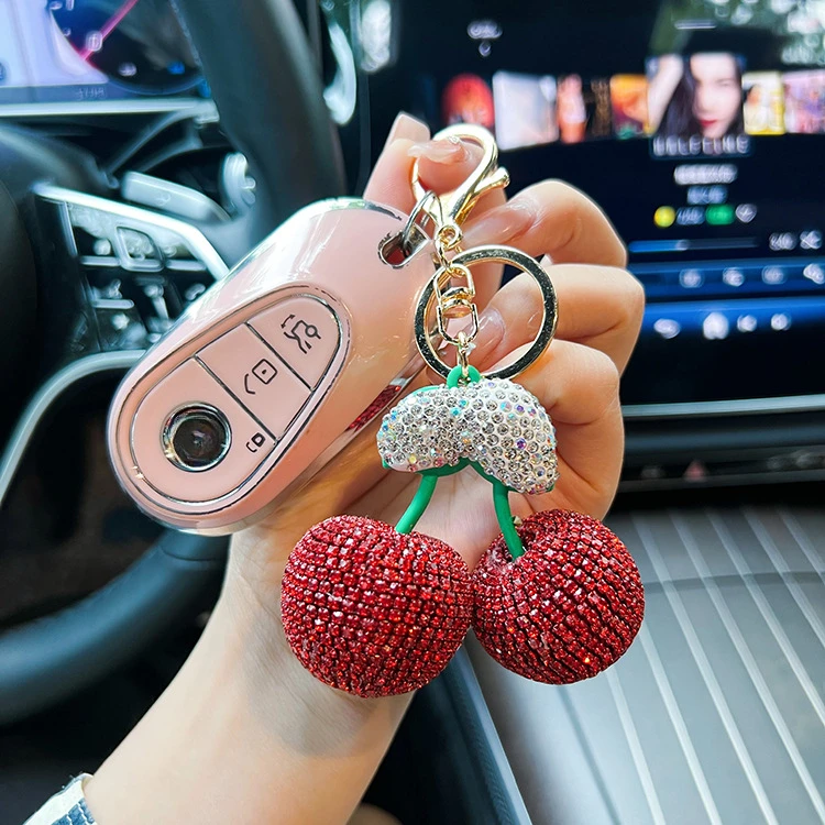 New Creative Full Diamond Cherry Car Keychain Exquisite Clay Diamond Fruit Key Chain Bag Pendant Bag Accessories