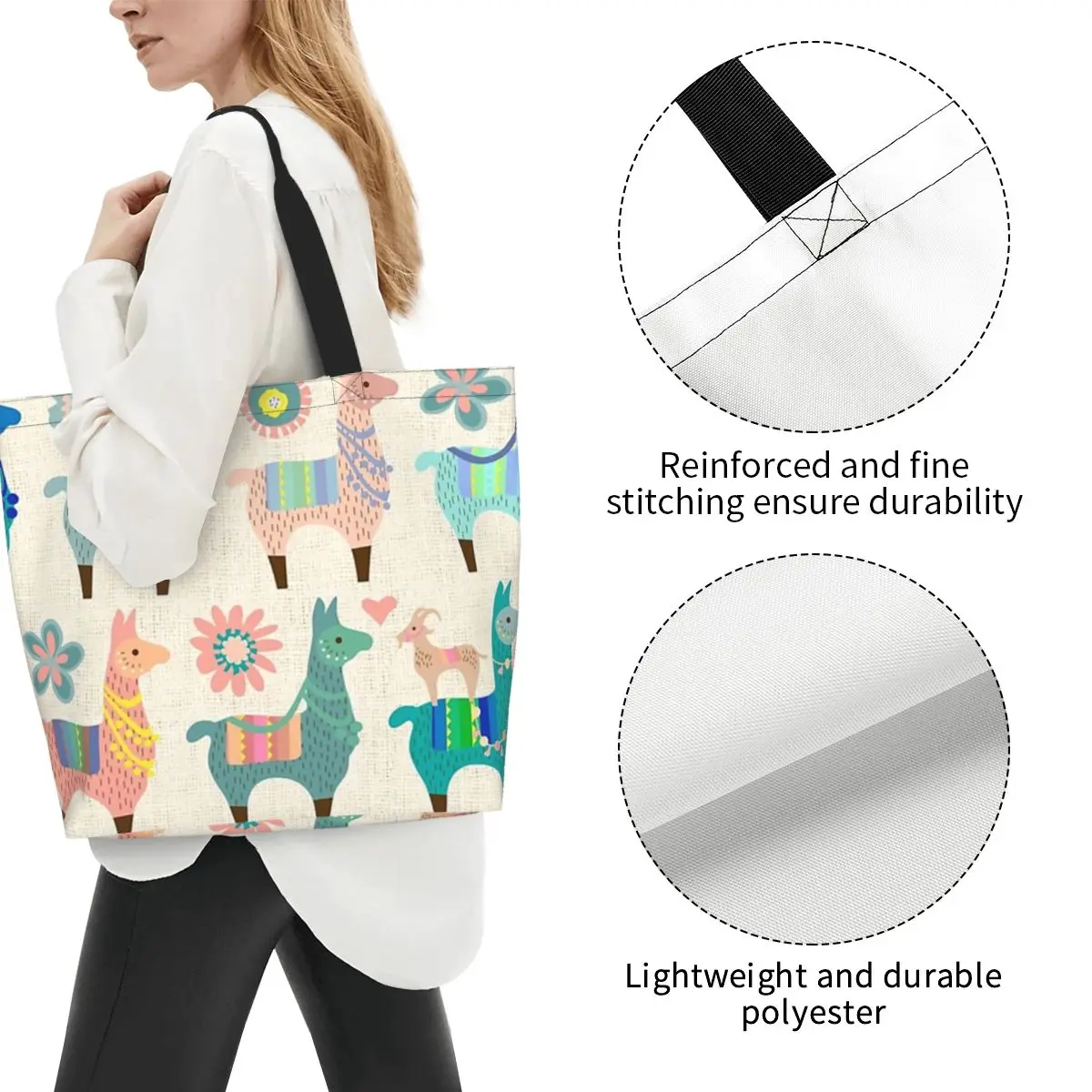 Llama Alpaca Animal Shopping Tote Bag Canvas Large Capacity Shoulder Bags Shopper Grocery Handbag for Women
