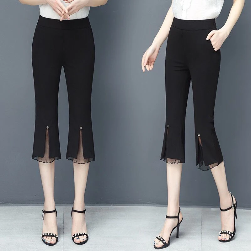 Summer New High Waist Thin Split Hem Cropped Pants Solid Color Slim All-match Calf Length Pants Casual Fashion Women Clothing