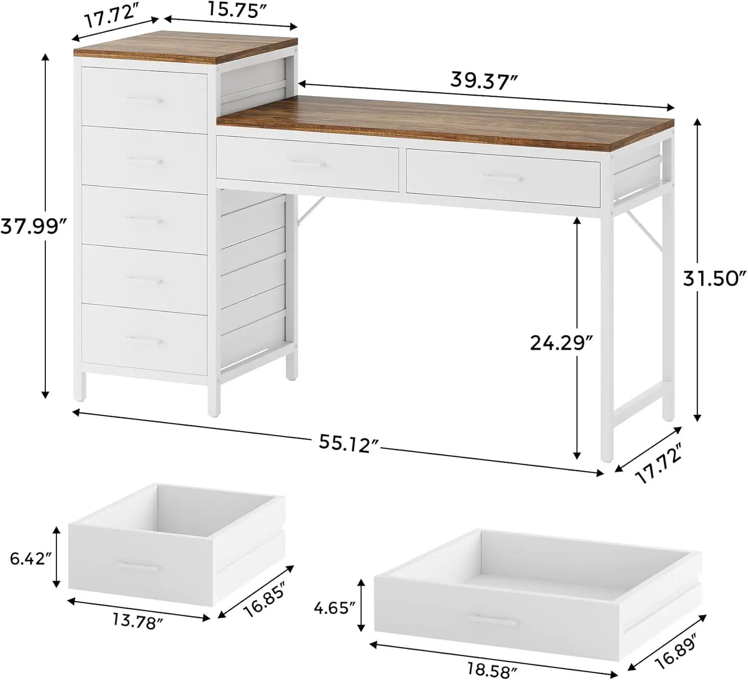 Computer Desk With Reversible Drawer, 55 H Home Office Desks With 7 Drawers, Modern Compact Study Writing Table Workstation