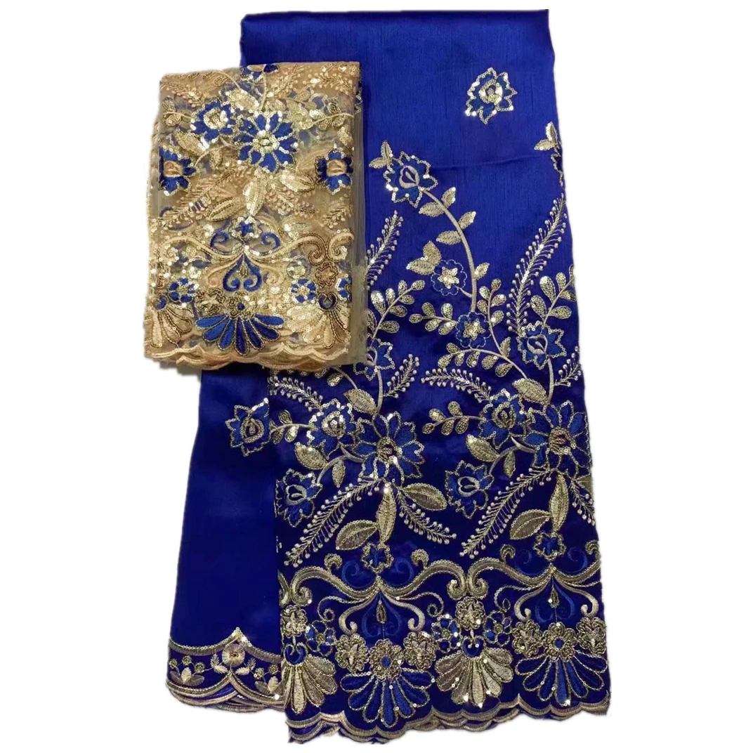 2023 Best Quality Royal Blue African George Lace Fabric Sequined Embroidered Silk Lace For India Women Wedding Dress Material