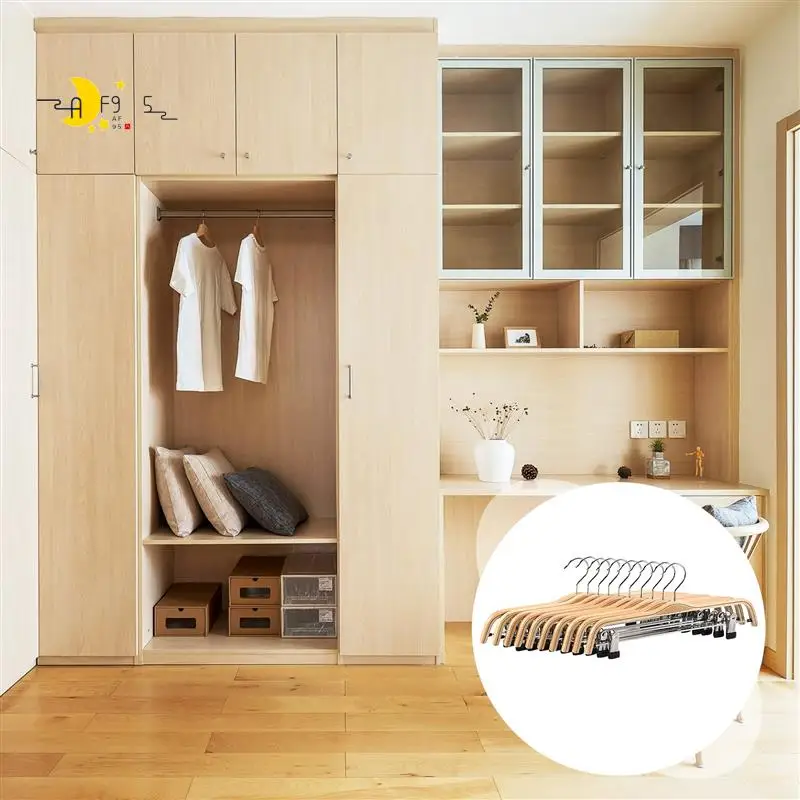 

AF95-10 Pack Solid Finish Wooden Trousers/Skirt Hangers With Anti-Rust Clips Coat Clothes Hangers