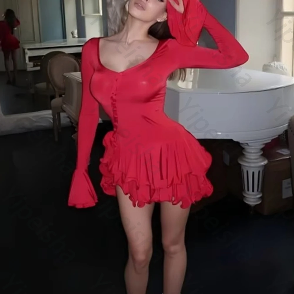 V-Neck Flare Sleeves Ruffle Cocktail Dresses Elegant Celebrity Dress Exquisite High Quality Prom Party Gown for Women Customized