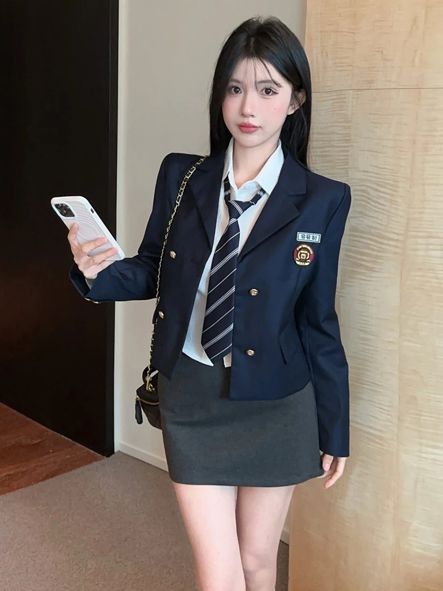 Retro Korean Style College Uniform JK Uniform Small Suit Jacket Tie Bubble Sleeve Shirt Bodycon Skirt Set Women's Fashion