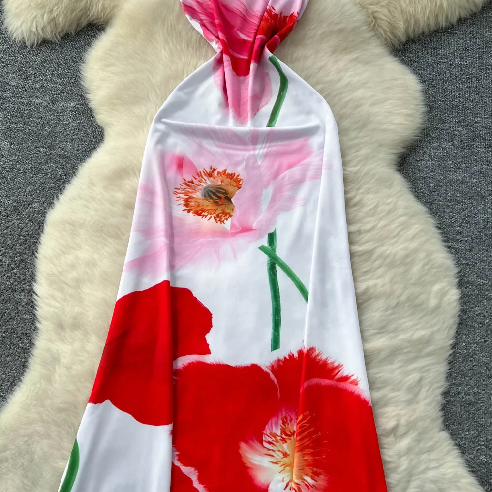 فستان ريترو هوتسويت مطبوع نحيف بدون أكمام أنيق لقضاء عطلة الشاطئ للنساء فساتين صيفية عصرية كورية