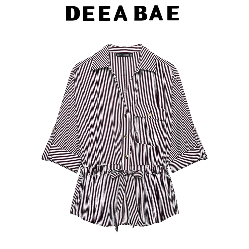DEEABAE 2026 summer women's collar rolled up sleeves striped hunting outfit shirt wide leg pants set