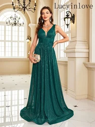 Lucyinlove Women Luxury V-Neck Sleeveless Formal Evening Dresses Elegant Sequins Wedding Party Maxi Cocktail Gowns Vestidos