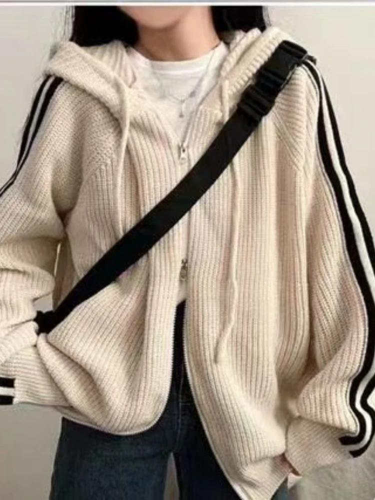 

HOUZHOU Y2k Aesthetic Streetwear Knitted Cardigan Women Korean Style Preppy Style Striped Patchwork Zipper Hooded Sweater 2024