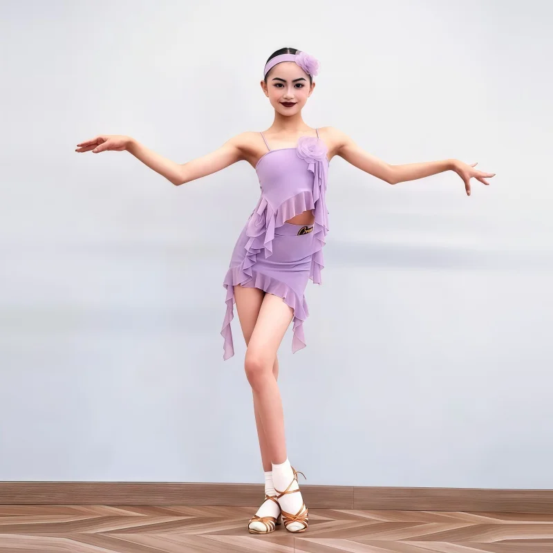 2025Nueva ropa de práctica de baile latino Cha-cha Rumba para niñas de verano, ropa de práctica de sensación de alta gama para niños, ropa de entrenamiento de baile latino