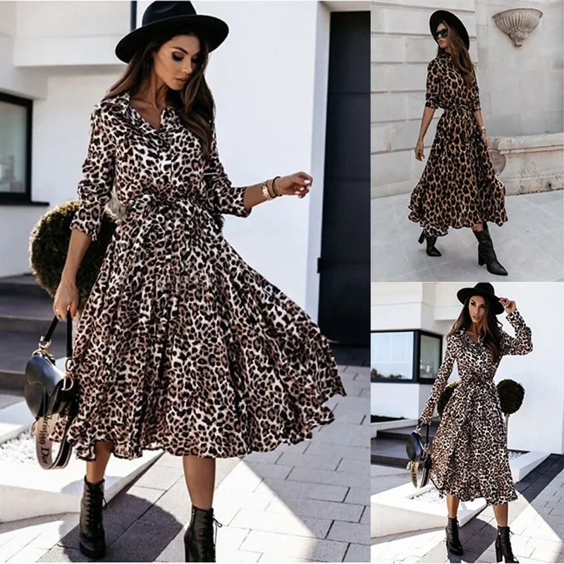 High quality new European and American women's fall and winter long-sleeved leopard print dresses new style