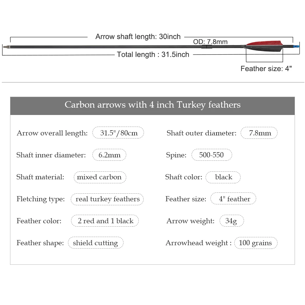 6/12pcs Bow Arrows  Archery Arrow 4 inch Feather Carbon Arrow 31.5inch ID 6.2mm for  Shooting Sport Detachable Arrow