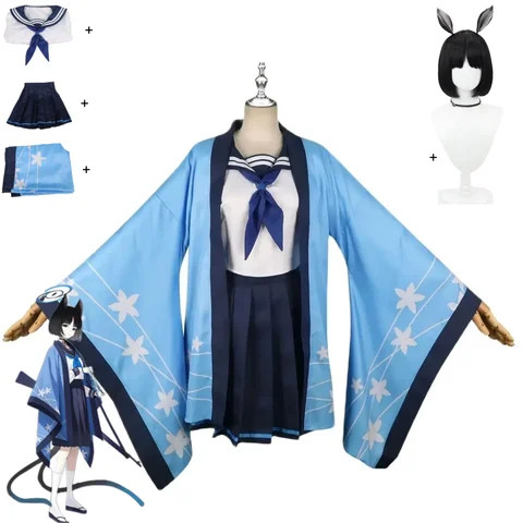 Juego azul archivo Kiryo Kikyo disfraz de Cosplay la animación japonés Haori abrigo Jk uniforme camisa falda peluca mujer Sexy conjunto de campus