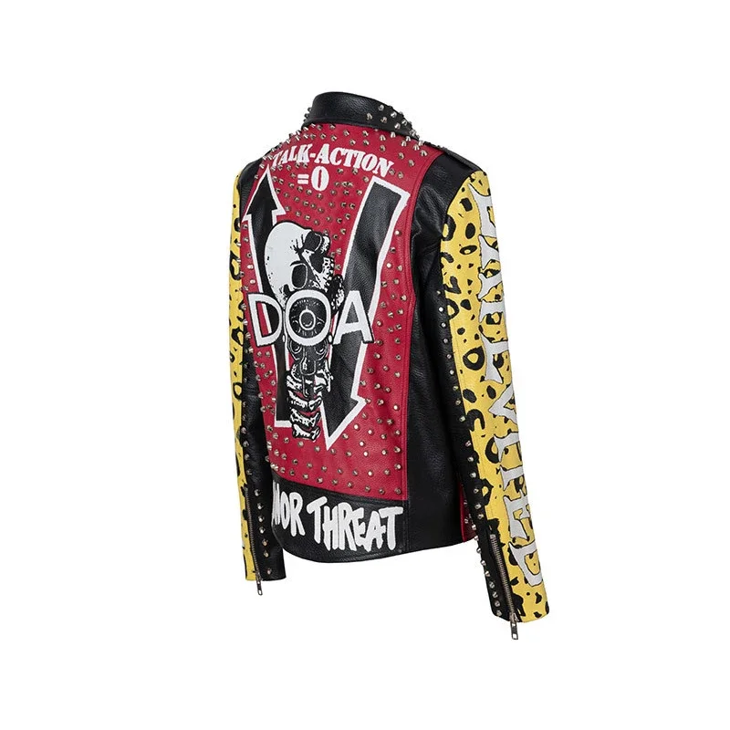 Imagem -03 - Jaqueta de Couro com Estampa Grafite Feminina e Masculina Rebites Punk Streetwear Contraste Costurado Jaquetas de Motocicleta Falsa 2023