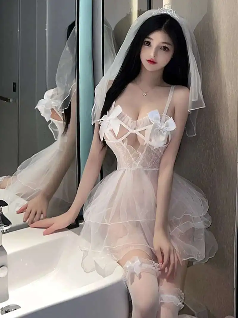 Vrouwelijke sexy bruid gewaad trouwjurk uniform hete jurk elegante mesh kant sexy Koreaanse vrouwen zoete pure transparante 2024 nieuwe 2P41