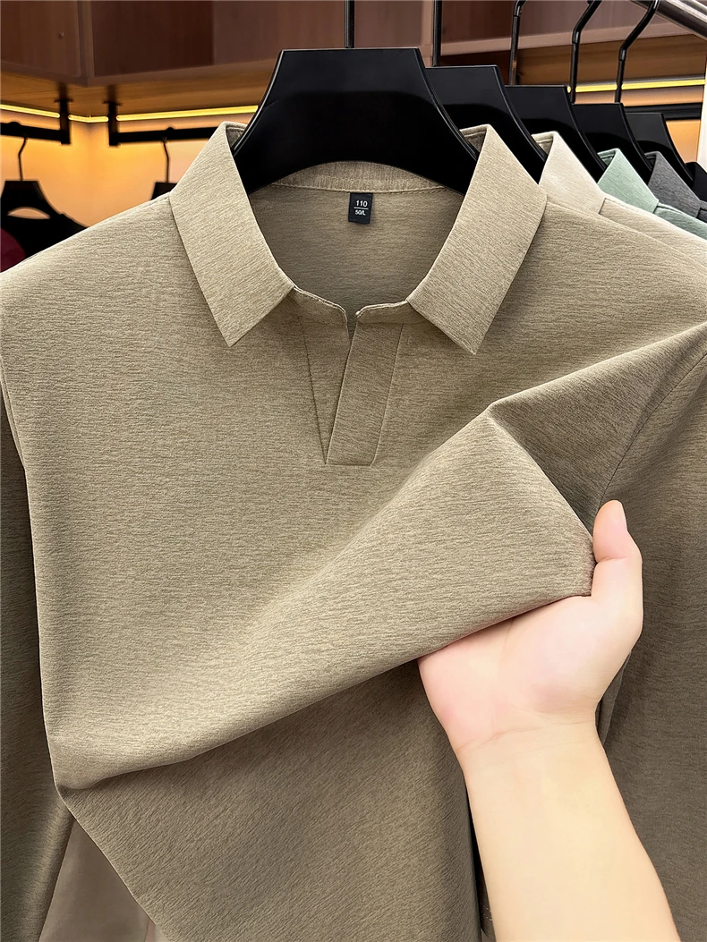 Herren Business Casual Langarm-Poloshirt Frühling Herbst Komfortables Atmungsaktives Arbeitsoberteil für Formelle Anlässe T-Shirts für Männer – Detail 11