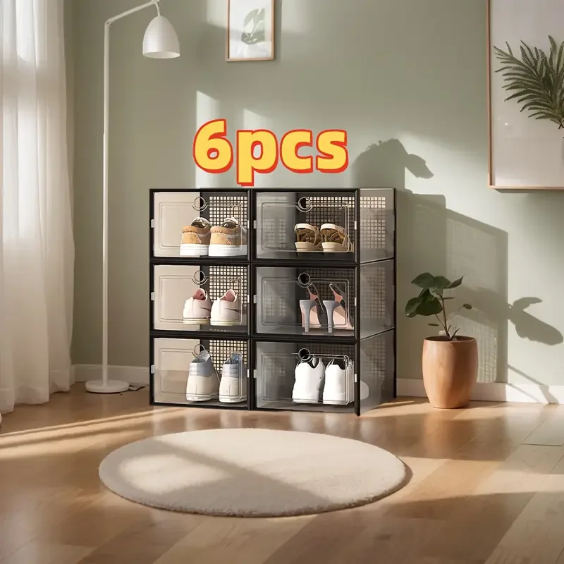 6/12 صناديق أحذية سميكة شفافة قابلة للطي مع أغطية - منظم تخزين قابل للتكديس وموفر للمساحة للمدخل وغرف النوم والمنزل،