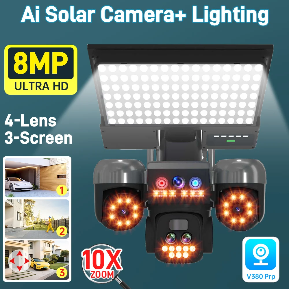 8MP Auto Tracking PTZ Solar Camera and Lighting, Human Detection PIR IP Camera with Siren,  Solar Powered CCTV Security camera