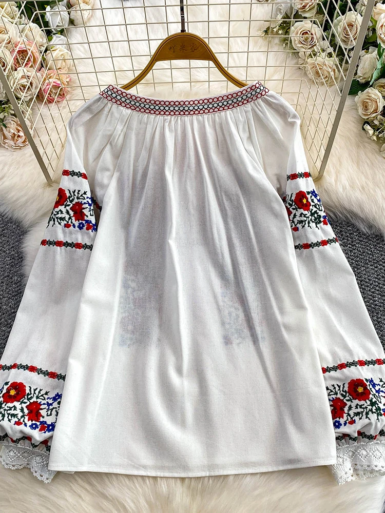 المرأة الخريف البوهيمي بلوزة العرقية المطرزة س الرقبة قميص عادية ربطة القوس فيونكة فضفاضة الكتان القطن الإناث البلوفرات فتاة BL256 #2