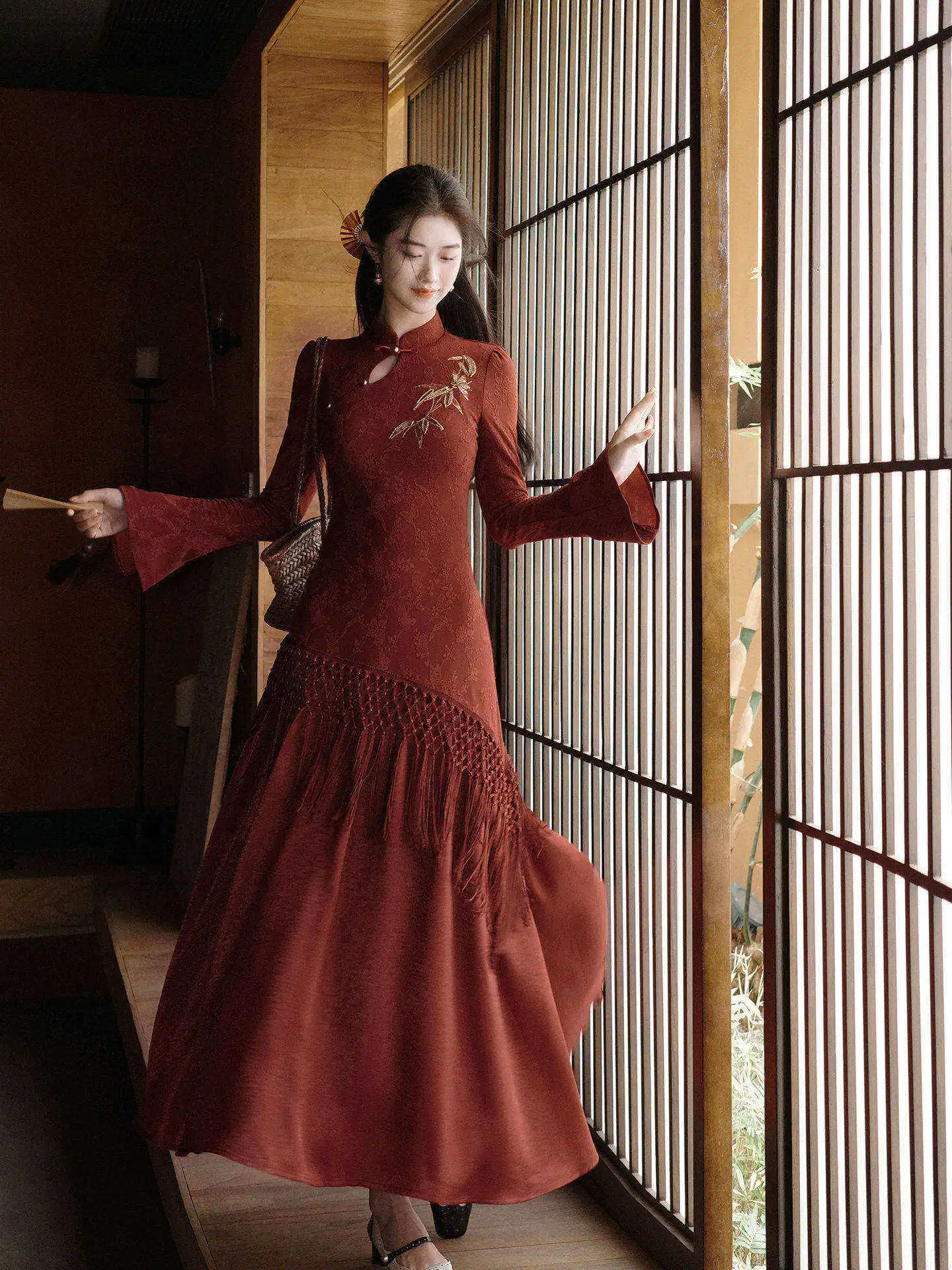 

Red Lucky Bamboo Improved Dress Women's Early Spring Tassel New Chinese Style Engagement Dress Long Sleeve Long Qipao