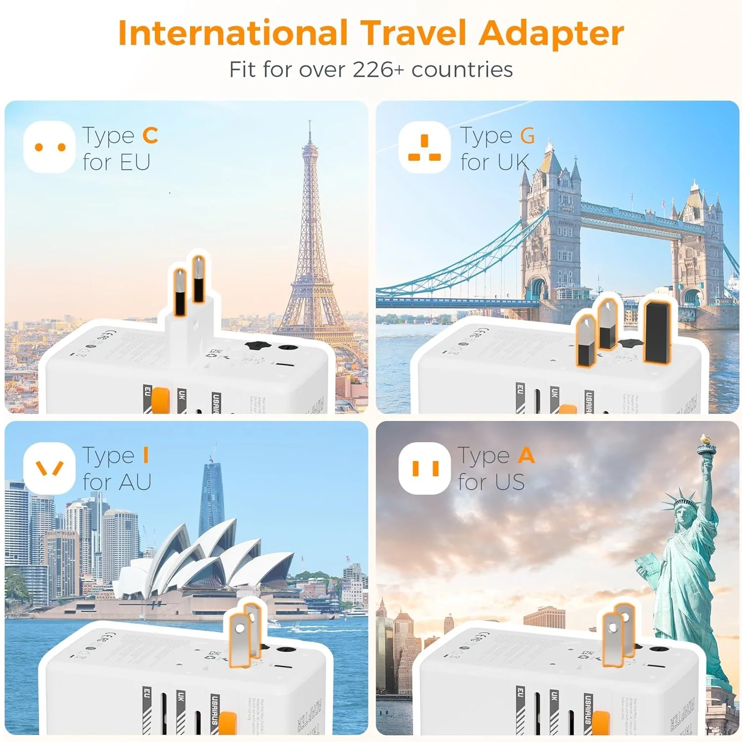 TESSAN 35W/65W/100W GaN Universal Travel Adapter with USB Ports Type C Fast Charging Power Adapter EU/UK/USA/AUS Plug for Travel