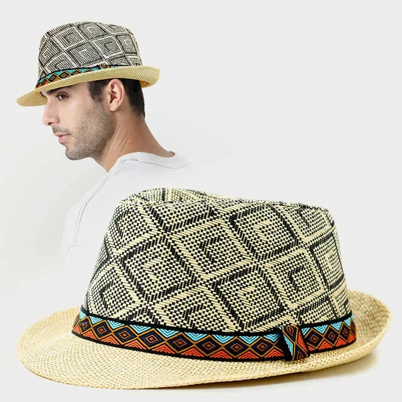 

Соломенная джазовая шляпа в британском стиле ретро для мужчин, дышащая вязаная летняя шляпа от солнца UPF50+ с регулируемым ремешком на подбородке — складная с короткими полями