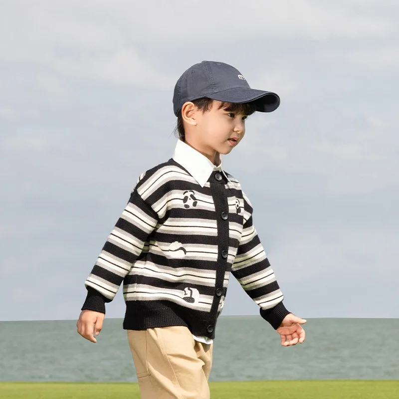 

Boys Sweater 2025 Spring Autumn Korean Style Embroidered Cute Cartoon Panda Knit Sweater Handsome Striped Cardigan
