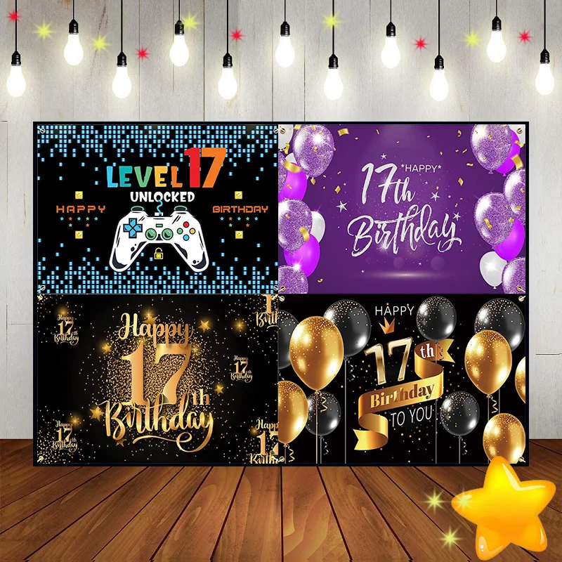 Happy 17th Birthday Golden Background Smash Cake Game Baby Room Decoration Banner Boy or Girl Prince Gender Reveal Party Stand