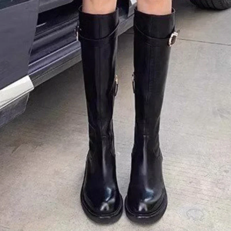 Winter Knee High Shaft Ladies Boots Shoes for Women Elegant with Low Heels Long Black Footwear Leather Round Toe Pu Trend 2024