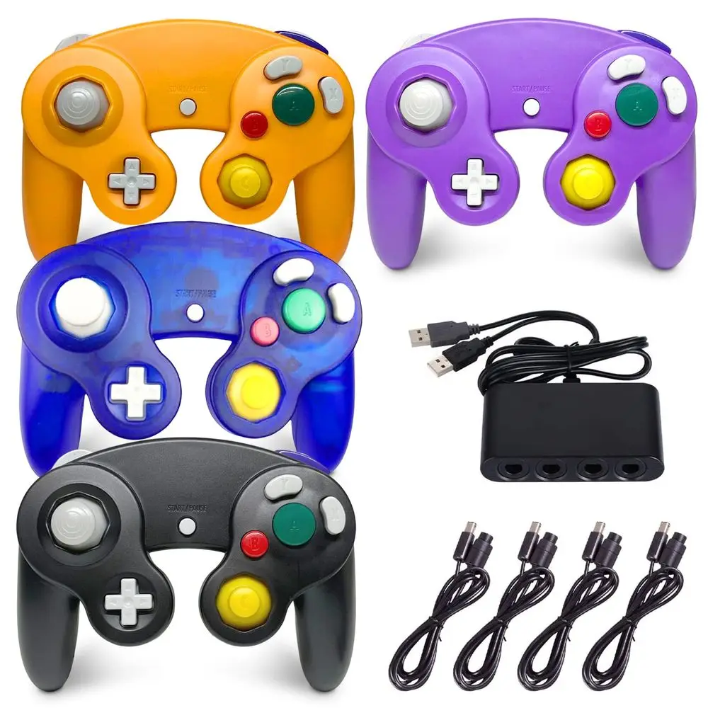 

4-Controller Set with Extension Cords and USB Hub for Gaming Consoles (Black, Purple, Blue, Orange)