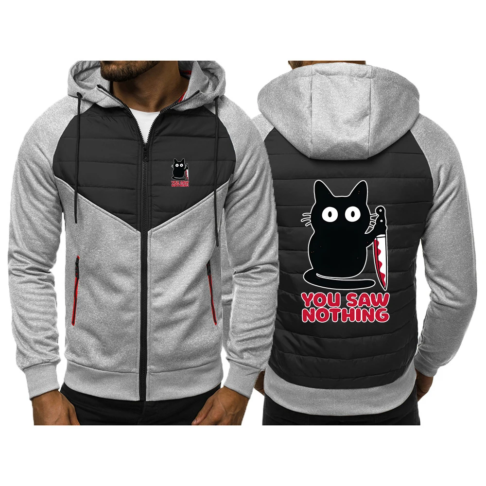 مضحك القط أنت تقول لا شيء طباعة 2025 الربيع والخريف الرجال جديد ثلاثة ألوان المرقعة هوديس سستة معطف دافئ جاكيتات #3