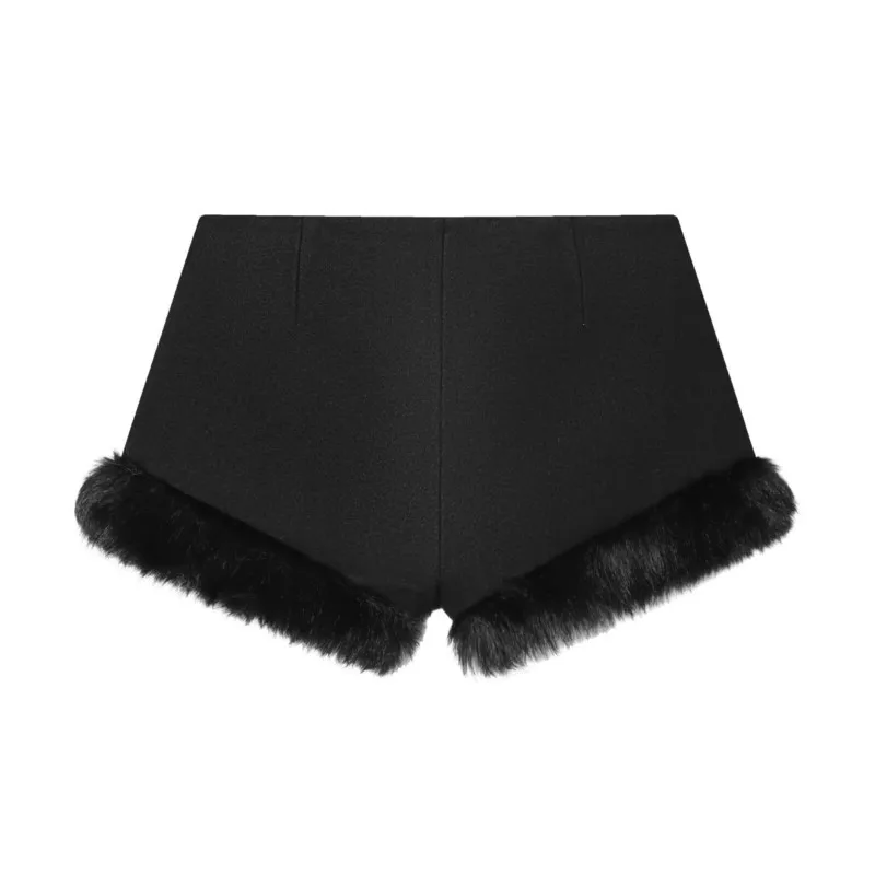 NERHEFZ Damen-Shorts aus Wollmischung mit synthetischem Pelzeffekt, Herbst-Winter-Mode, hohe Taille, schlanke weibliche kurze Hosen