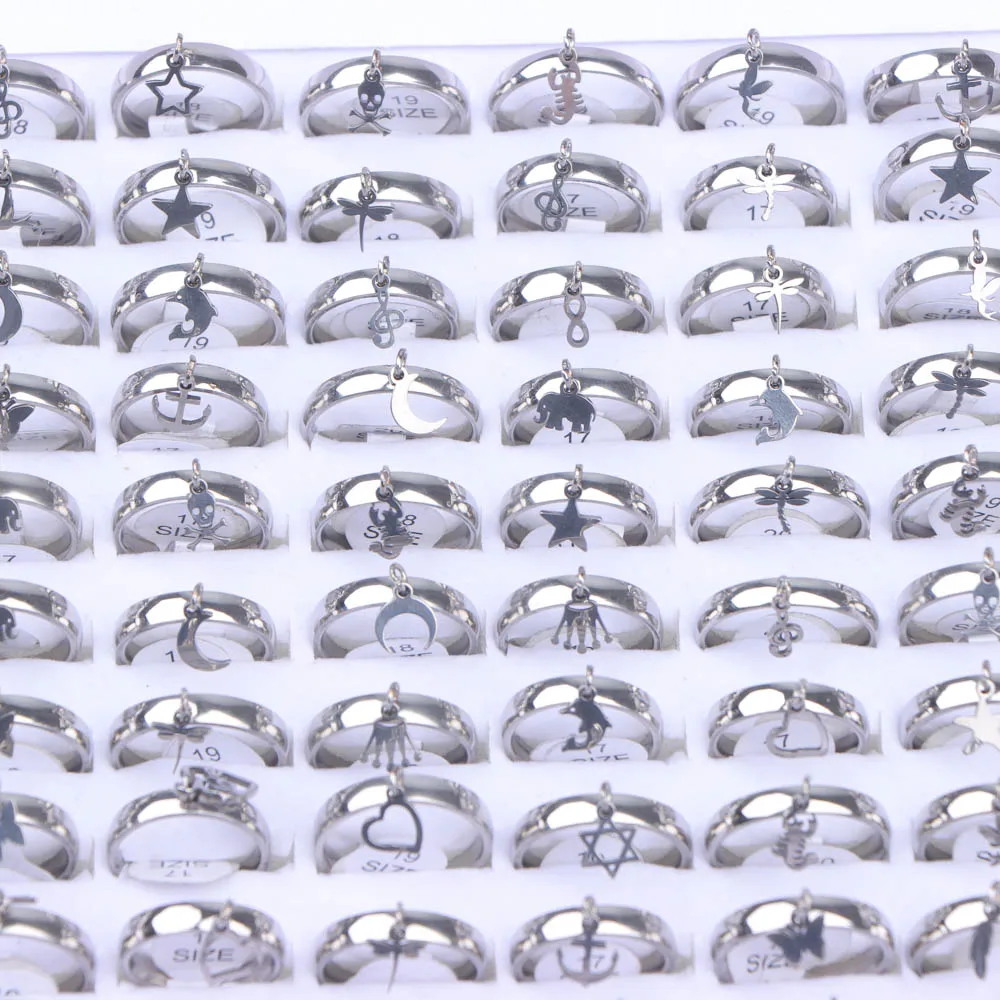 10/20/30/50Pcs/Lot Fashion Simply Star Moon Stainless Steel Small Pendant Rings For Women Mix Color Jewelry Party Gift Wholesale