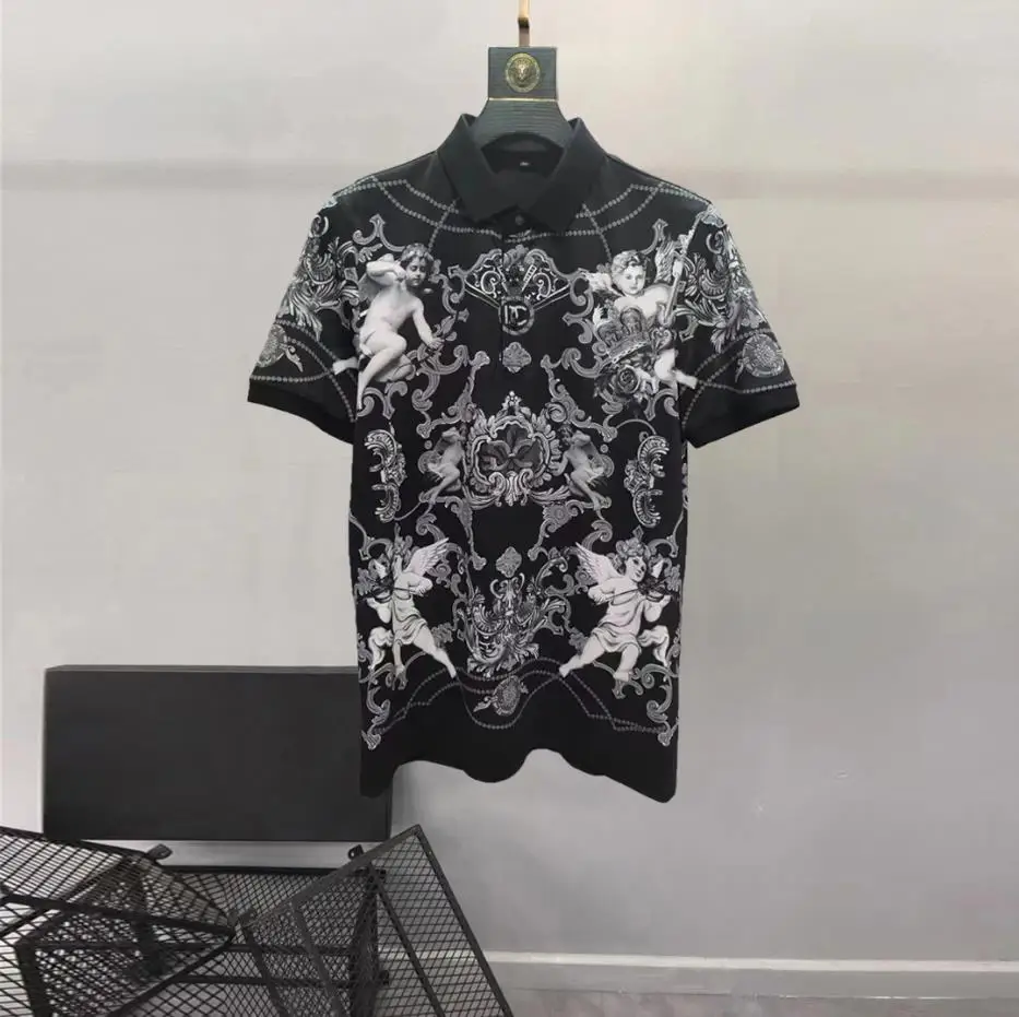 European and American men's 2023 summer new lapel and short sleeves fashion Vintage Baby Angel Print T-shirt