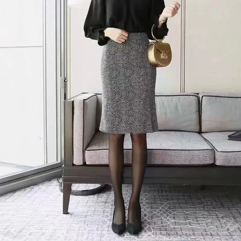 Women's Herringbone Tweed Pencil Skirt High-Waist Midi Office Skirt