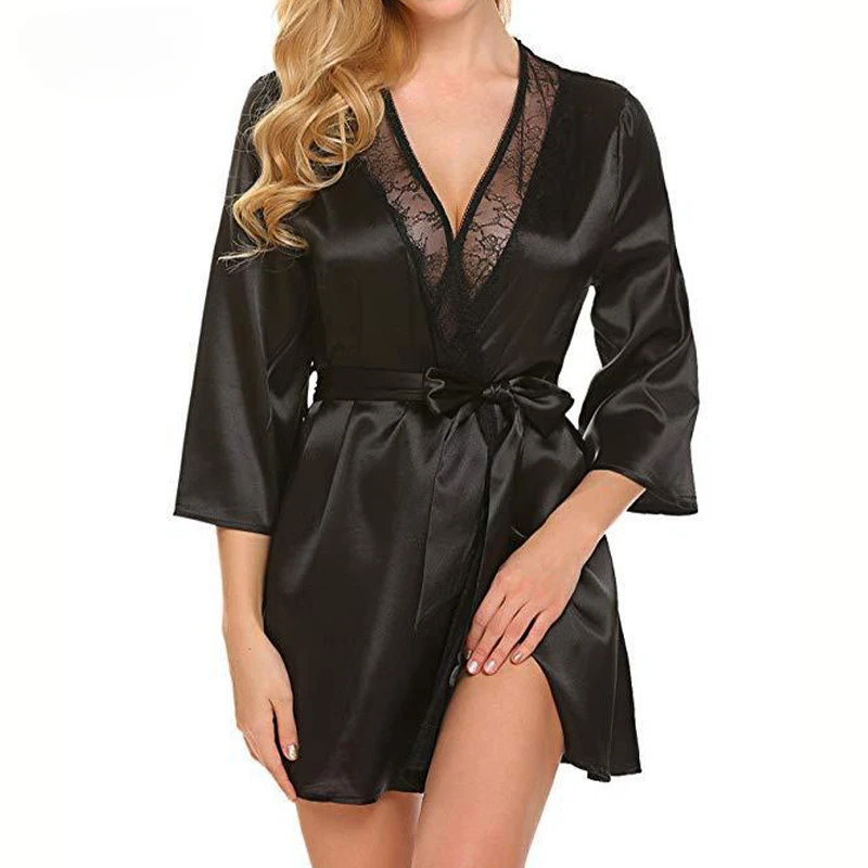 Home Long-sleeved Nightgown, Thin Sexy Women\'s Lace-up Dressing Gown, Simple Cardigan Pajamas, Ice Silk Bathrobe.