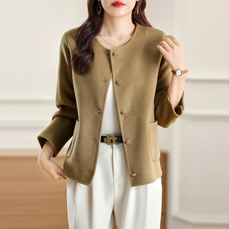 Autumn And Winter New Round Neck Double-Sided Wool Cashmere Coat Short Wool Coat With Wool Coat Pocket Woman