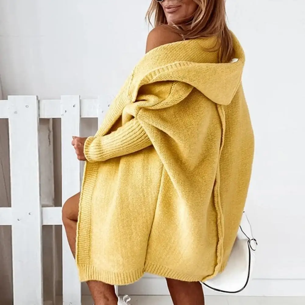 Women Sweater Coat Hooded Long Sleeve Ribbed Cuffs Open Front Knitting Coat Solid Color Mid-length Sweater Cardigan 50