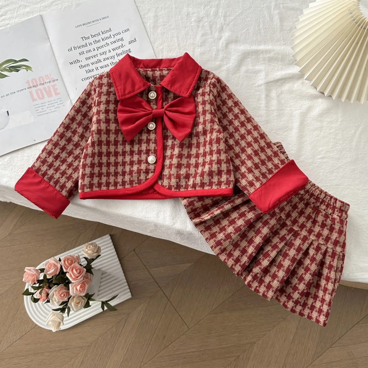Fall Winter Houndstooth Tweed Jacket+Pleated Skirt Red Suit 2PCS Padded Bow Set New Year Christmas Celebrate Children Clothes