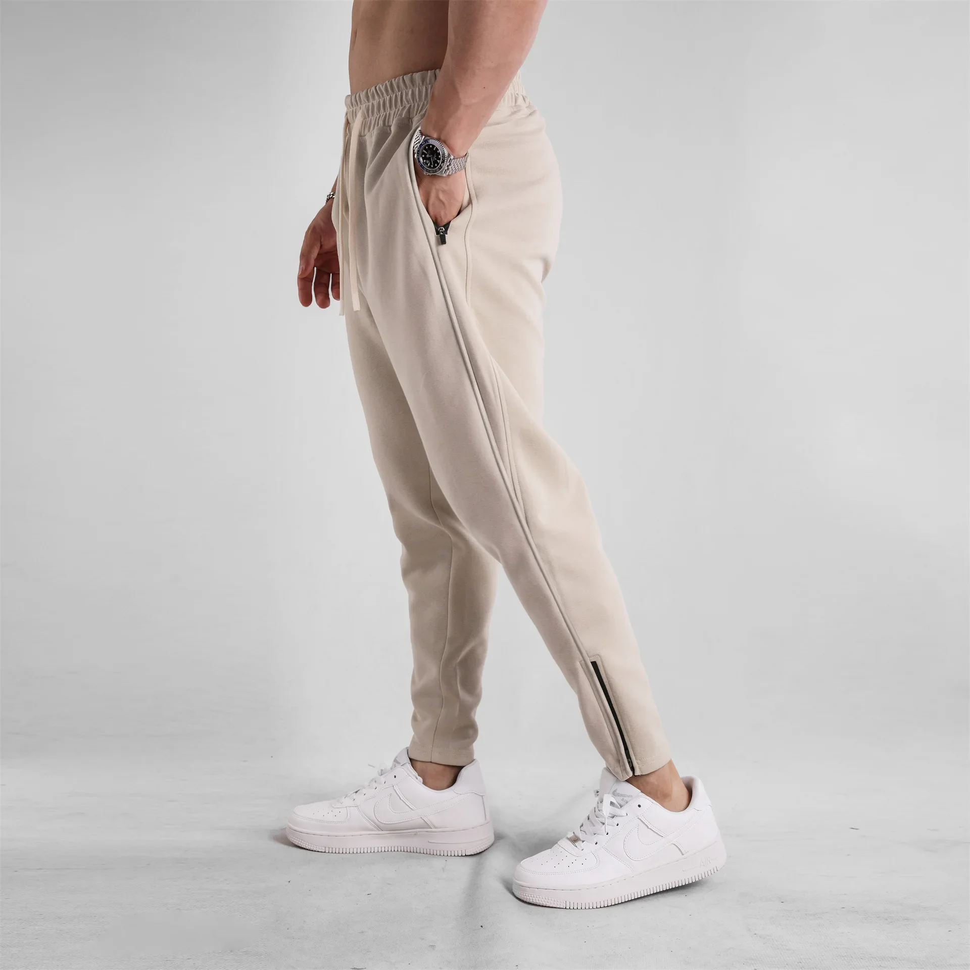 Custom LOGO spring and autumn cotton sweatpants men\'s new slim-fitting foot zipper tied feet casual trousers