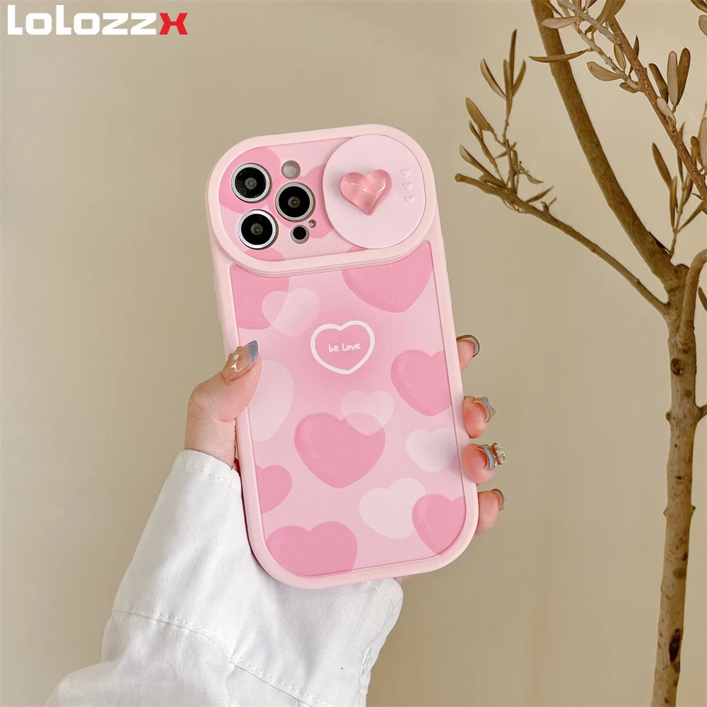 Pink Love Heart Slide Camera Protection Phone Case For iPhone 14 13 12 11 15 Pro Max X XS XR Shockproof Bumper Silicone Cover