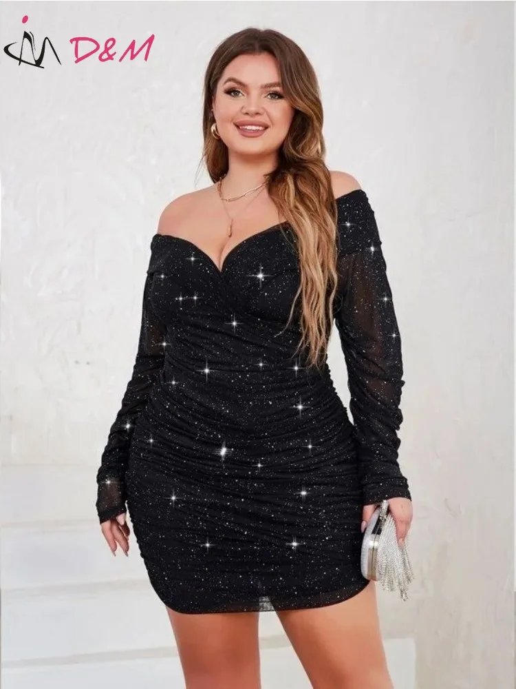 D&M Brand Plus Off Shoulder Ruched Glitter Bodycon Dress Prom Party Dress for Women 2023 Nightclub Sexy Vestidos Para Mujer