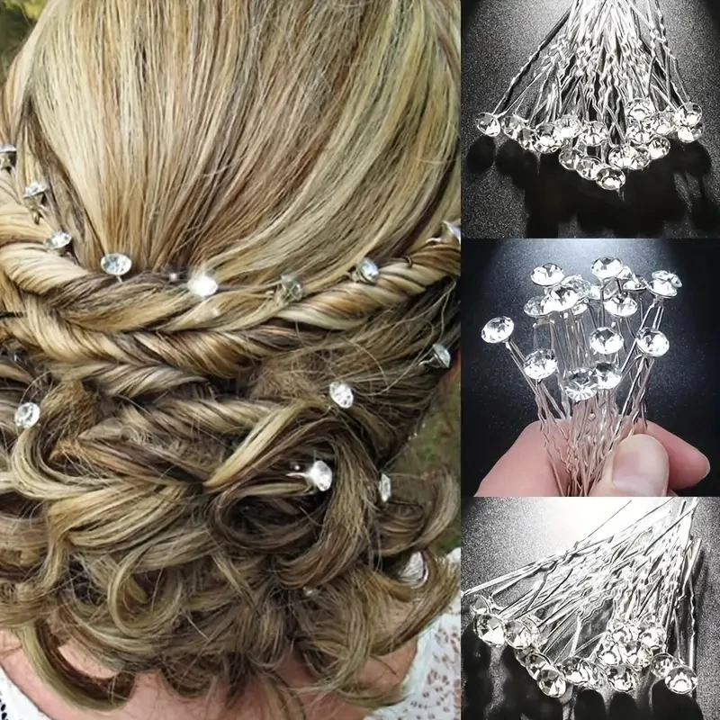 20 Pcs/Set Bridal Headwear Pins Luxurious Diamond Inlaid Rhinestone Hairpin Fashionable Sweet U-shaped Curly Hair Fork Hair Clip