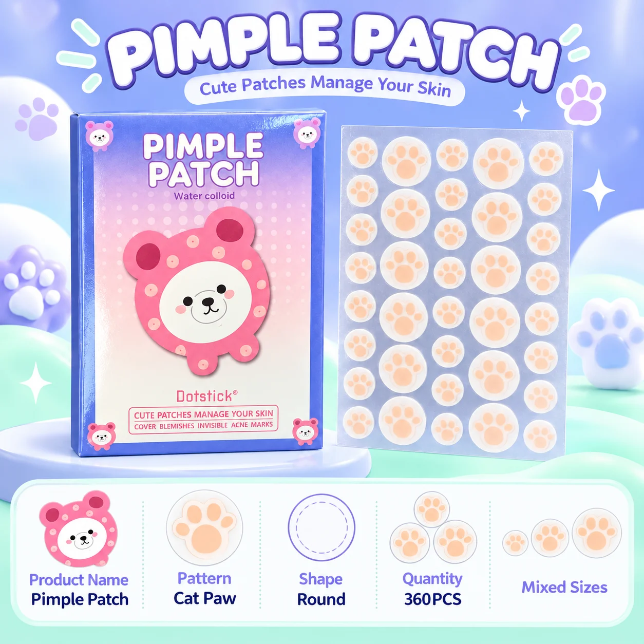 360PCS Cat Paw Shape Acne Patches Hydrocolloid Pimple Cover Stickers Pink Brown Face Spot Care