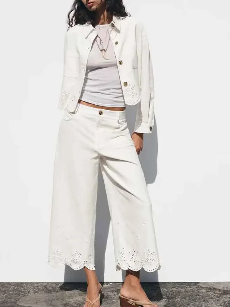 

European style new women's fashion versatile hollow embroidery long-sleeved lapel jacket coat wide-leg pants suit